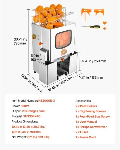VEVOR Komercinė citrusinių vaisių sulčiaspaudė NS2000E-3, 120 W, nerūdijantis plienas, 50 x 34 x 78 cm
