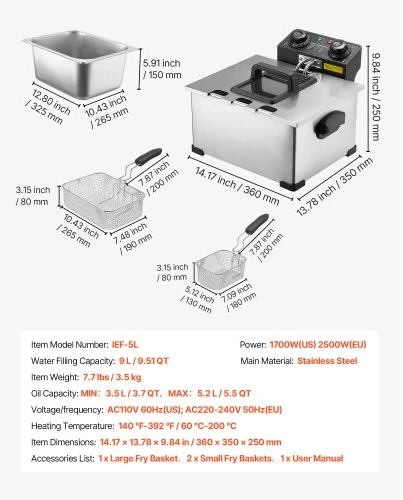 VEVOR Komercinė elektrinė gruzdintuvė IEF-5L, 5,2 l, 2500 W, nerūdijantis plienas, sidabrinė