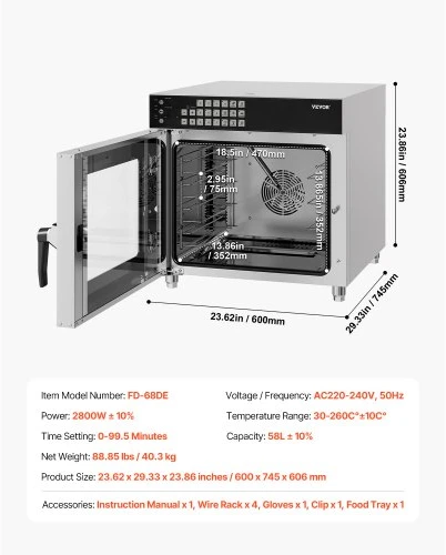 VEVOR Komercinė konvekcinė orkaitė FD-68DE, 58 l, 2800 W, 4 lygių, nerūdijantis plienas