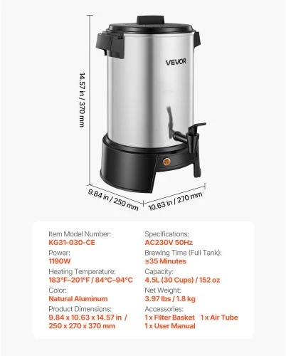 VEVOR Komercinis kavos virimo urnas, 4,5 l, 30 puodelių, aliuminis, 1190 W