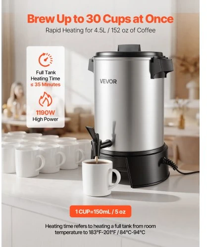 VEVOR Komercinis kavos virimo urnas, 4,5 l, 30 puodelių, aliuminis, 1190 W