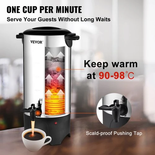VEVOR Komercinis kavos virimo urnas KLY-7.4K, 7,4 l / 50 puodelių, 1000 W, sidabrinis