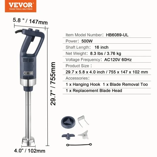VEVOR Komercinis panardinamasis trintuvas HB6089-UL, 500 W, nerūdijančio plieno ašmenys, 76 x 15 x 10 cm