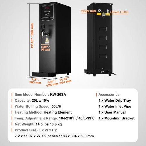 VEVOR Komercinis vandens boileris KW-20SA, 20 l, 1500 W, 18 x 30 x 69 cm