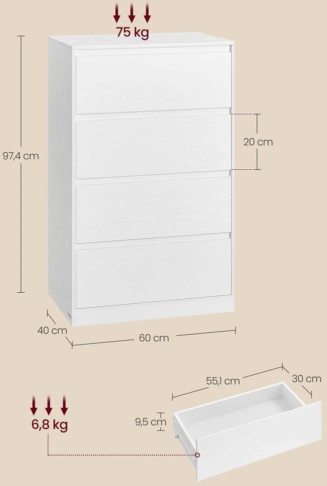 Koduva Komoda su 4 stalčiais, 40 x 60 x 97,4 cm, medžio drožlių plokštė ir MDF, sniego baltumo