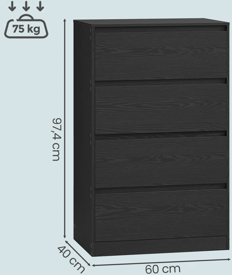 Koduva Komoda su 4 stalčiais, juoda, medžio drožlių plokštė ir MDF, 40 x 60 x 97,4 cm