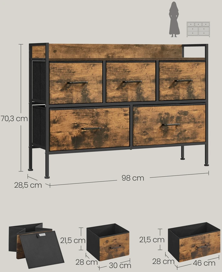 Koduva Komoda su 5 medžiaginiais stalčiais, 29 x 98,2 x 70 cm, vintage ruda, juoda