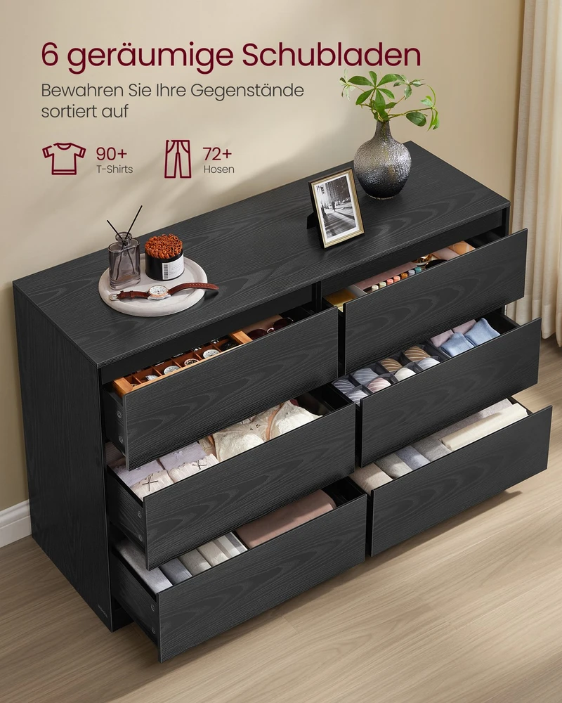 Koduva Komoda su 6 stalčiais, 40 x 119,4 x 75 cm, medžio drožlių plokštė ir MDF, juoda