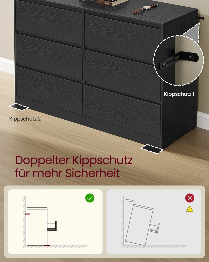 Koduva Komoda su 6 stalčiais, 40 x 119,4 x 75 cm, medžio drožlių plokštė ir MDF, juoda