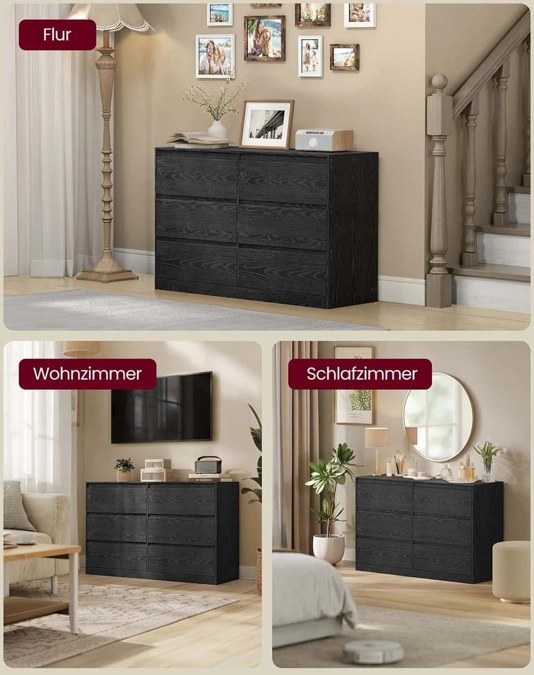 Koduva Komoda su 6 stalčiais, 40 x 119,4 x 75 cm, medžio drožlių plokštė ir MDF, juoda