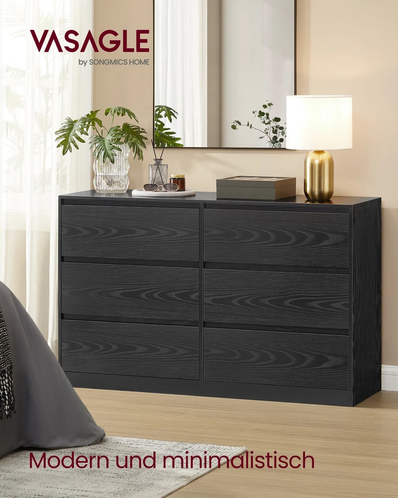 Koduva Komoda su 6 stalčiais, 40 x 119,4 x 75 cm, medžio drožlių plokštė ir MDF, juoda