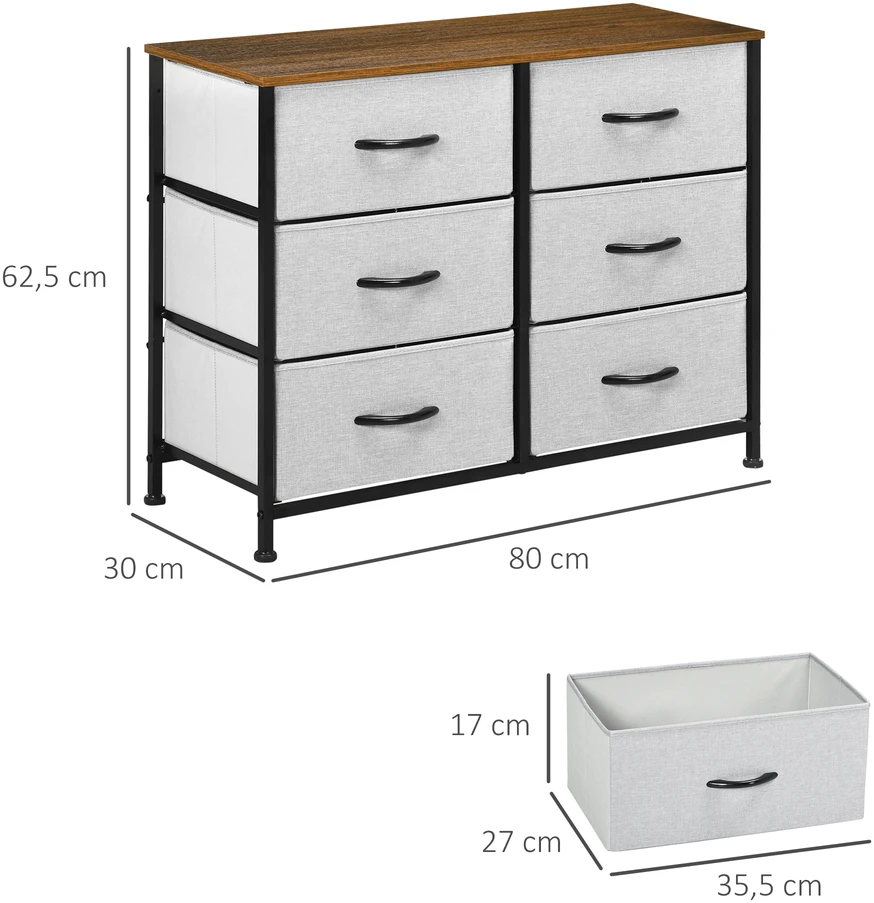 Aosom Komoda su 6 stalčiais, audinio stalčiai, 80 x 30 x 62,5 cm, ruda / juoda / pilka