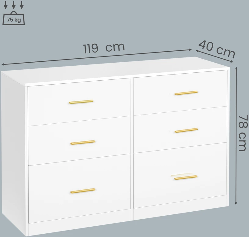 Koduva Komoda su 6 stalčiais, balta, medžio drožlių plokštė ir MDF, 40 x 119 x 78 cm