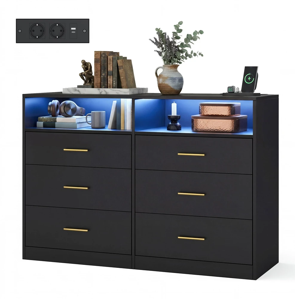 Koduva Komoda su 6 stalčiais, juoda, medžio drožlių plokštė ir MDF, 40 x 119 x 81,1 cm