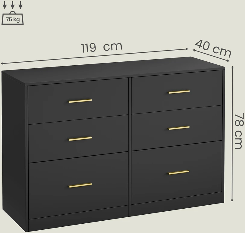 Koduva Komoda su 6 stalčiais, juoda, medžio drožlių plokštė ir MDF, 40 x 119 x 78 cm