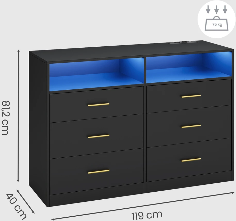 Koduva Komoda su 6 stalčiais, juoda, medžio drožlių plokštė ir MDF, 40 x 119 x 81,1 cm