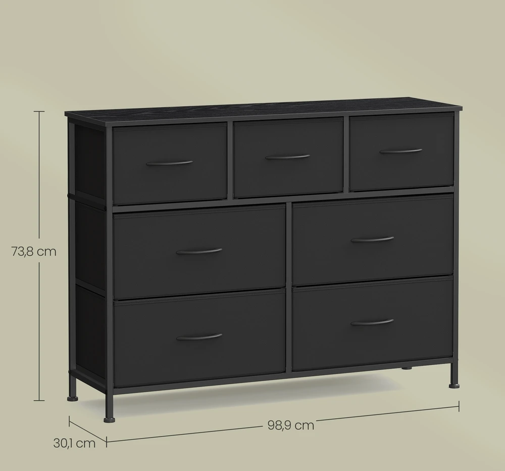Koduva Komoda su 7 medžiaginiais stalčiais, plienas ir MDF, 30 x 98,8 x 73,7 cm, juoda