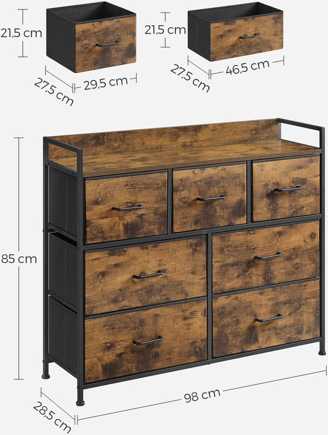Koduva Komoda su 7 medžiaginiais stalčiais, 98 x 28,5 x 85 cm, vintažinės rudos ir juodos spalvos