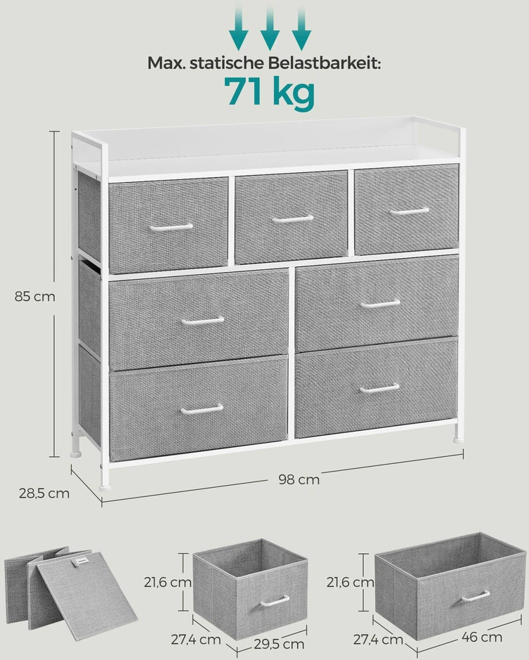 Songmics Komoda su 7 medžiaginiais stalčiais, 28,5 x 98 x 85 cm, pilkai balta