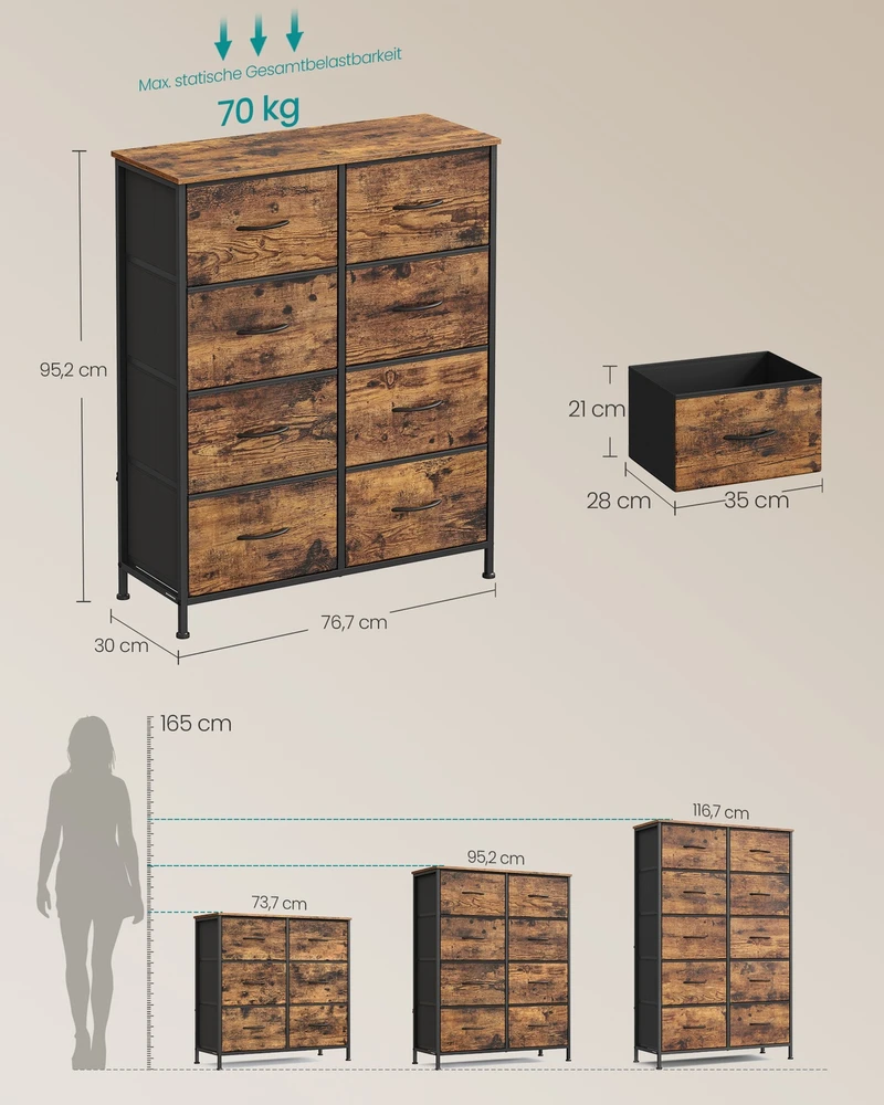 Koduva Komoda su 8 medžiaginiais stalčiais, 30 x 76,7 x 95,2 cm, vintažinė ruda, juoda