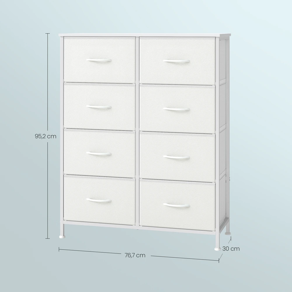 Koduva Komoda su 8 medžiaginiais stalčiais, MDF, plienas, 30 x 76,7 x 95,2 cm, balta