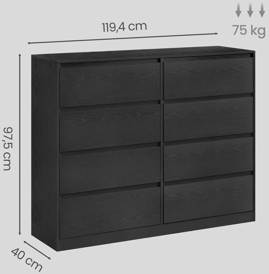 Koduva Komoda su 8 stalčiais, juoda, 40 x 119,4 x 97,5 cm, medžio drožlių plokštė ir MDF
