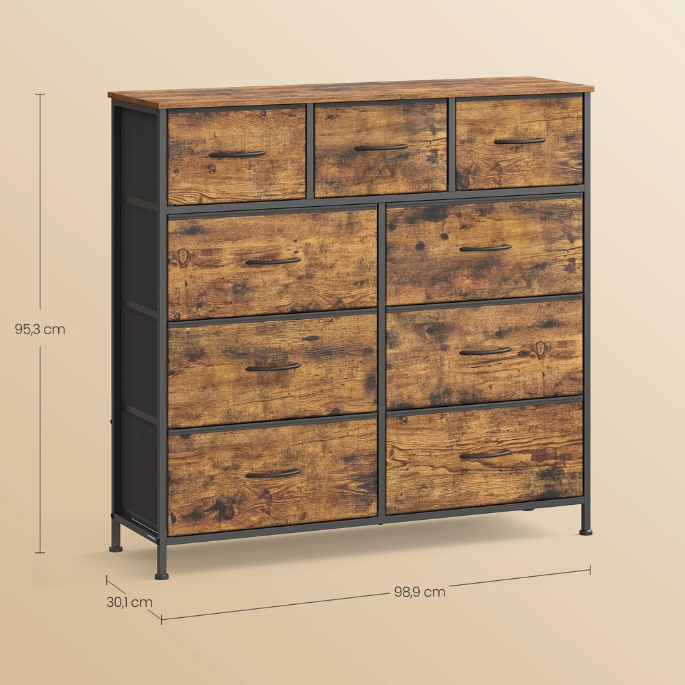 Koduva Komoda su 9 medžiaginiais stalčiais, MDF, plienas, ruda-juoda, 30 x 98,8 x 95,2 cm