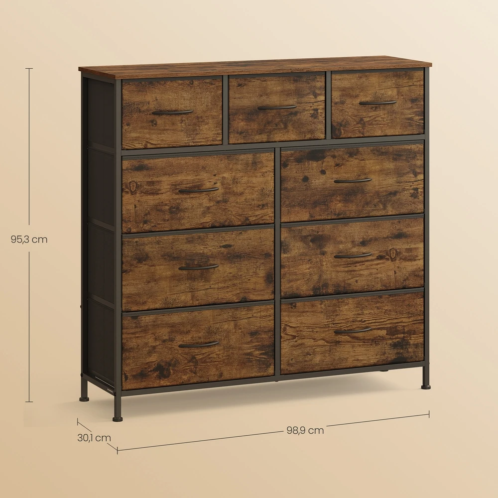 Koduva Komoda su 9 medžiaginiais stalčiais, MDF, plienas, ruda-juoda, 30 x 98,8 x 95,2 cm