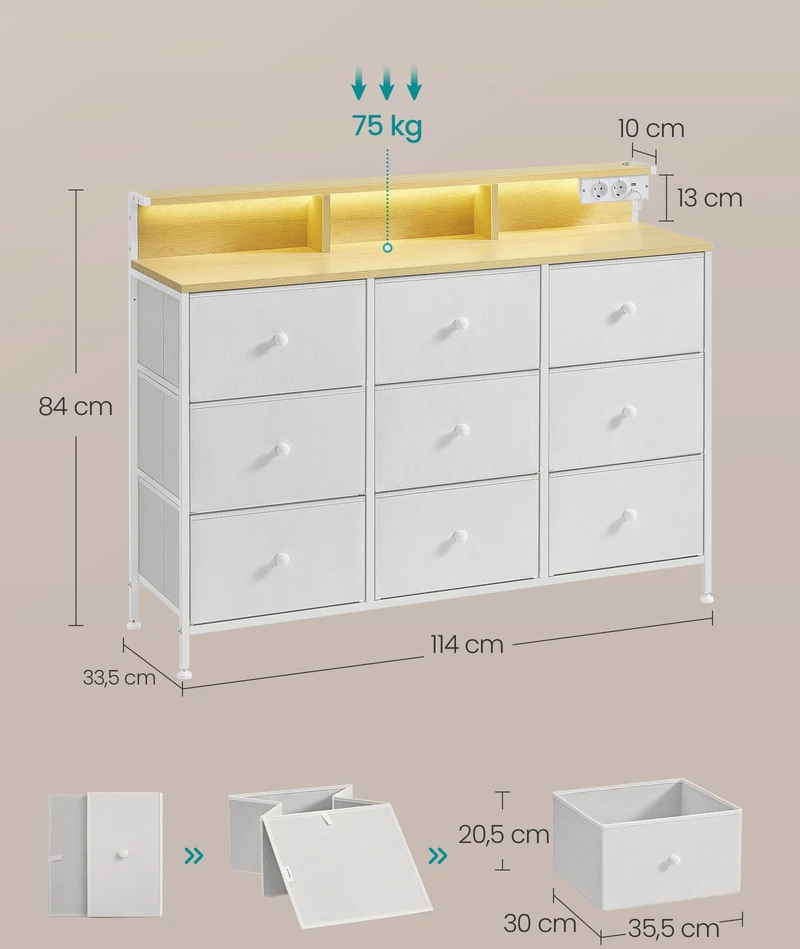 Koduva Komoda su 9 stalčiais ir LED apšvietimu, 33,5 x 114 x 84 cm, balta