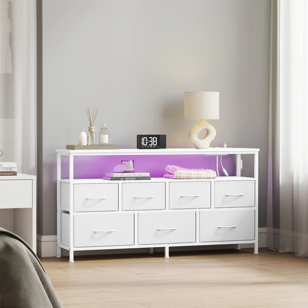 Koduva Komoda su LED apšvietimu, 113,8 x 68,1 cm, 5 stalčiai, 1 lentyna, balta