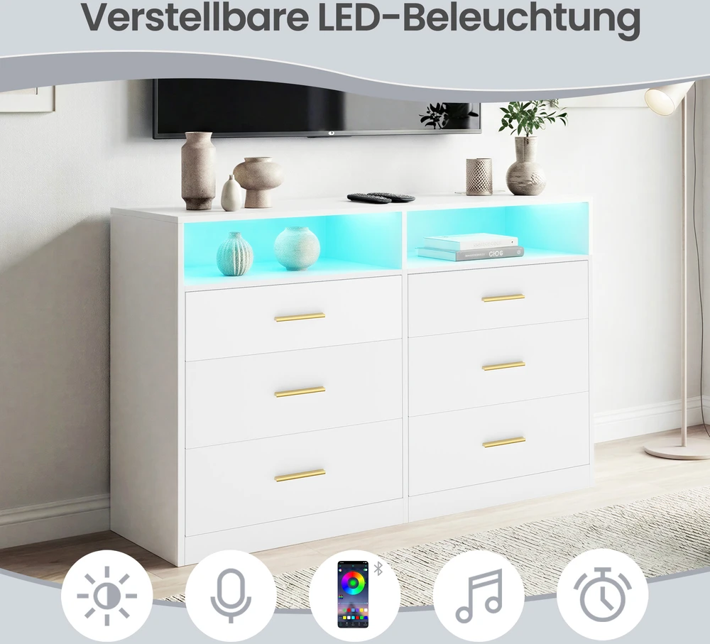 Koduva Komoda su LED apšvietimu ir įkrovimo stotele, 6 stalčiai, balta, 40 x 119 x 81,2 cm