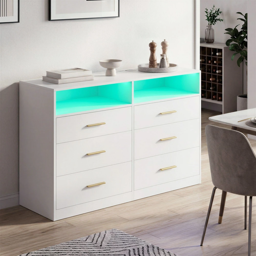 Koduva Komoda su LED apšvietimu ir įkrovimo stotele, 6 stalčiai, balta, 40 x 119 x 81,2 cm