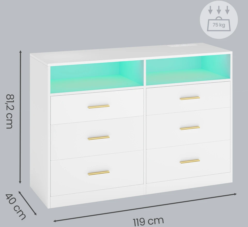 Koduva Komoda su LED apšvietimu ir įkrovimo stotele, 6 stalčiai, balta, 40 x 119 x 81,2 cm