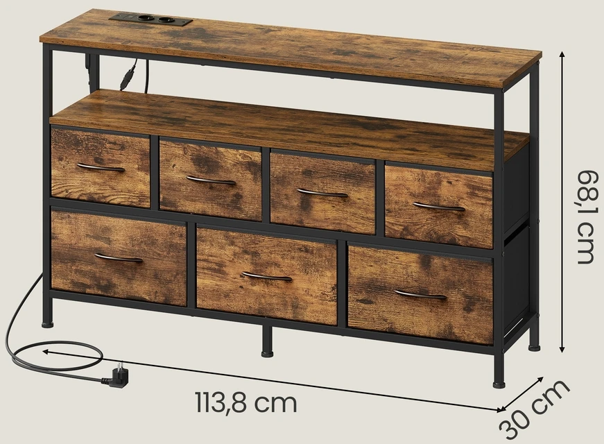 Koduva Komoda svetainei su LED apšvietimu, 5 stalčiais, lentyna, 113,8 x 30 x 68,1 cm, ruda-juoda
