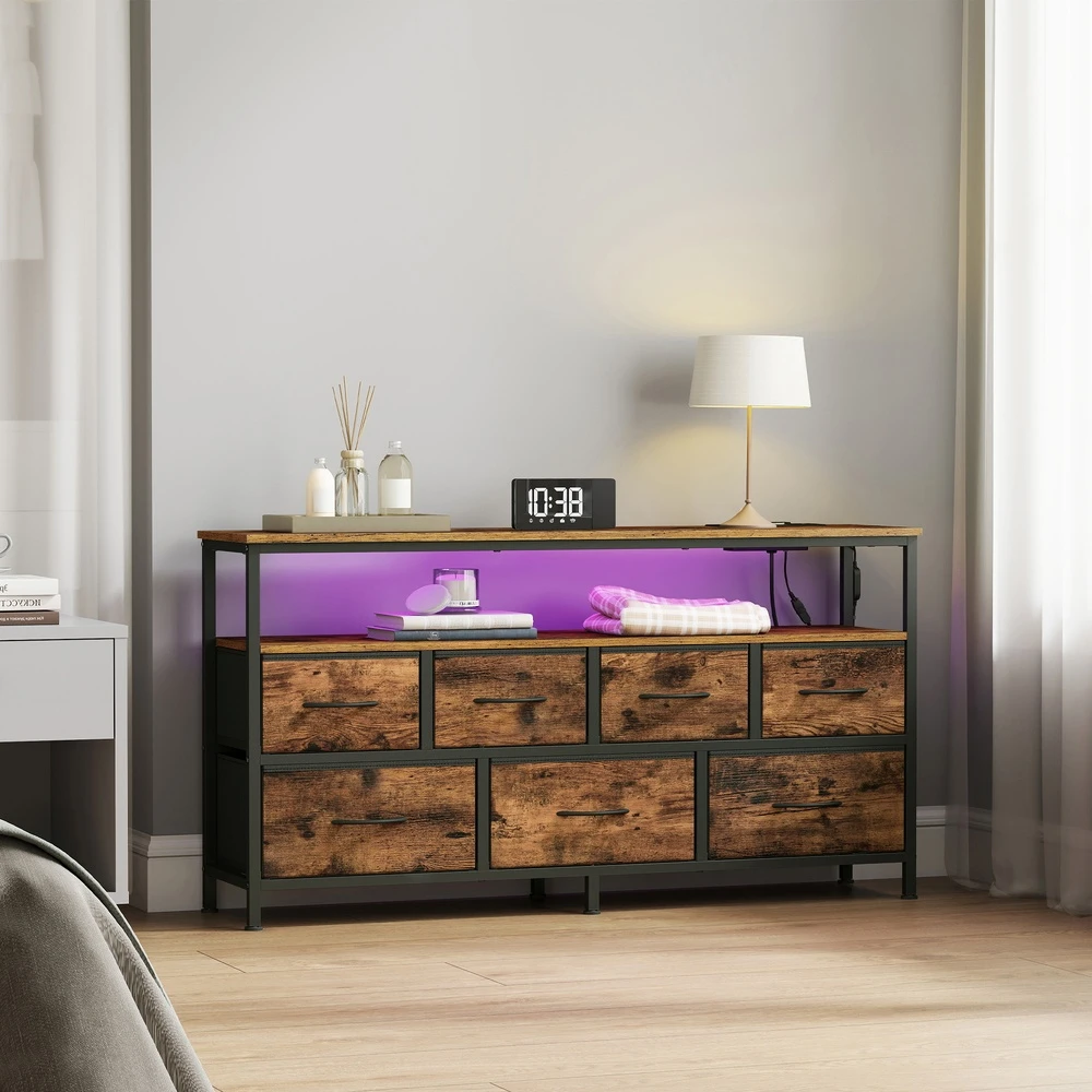 Koduva Komoda svetainei su LED apšvietimu, 5 stalčiais, lentyna, 113,8 x 30 x 68,1 cm, ruda-juoda
