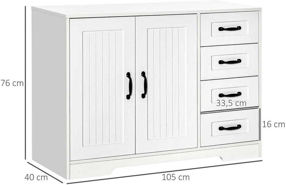 Aosom Komoda–sideboard spintelė, modernus stilius, 4 stalčiai, 1 spintelė, balta, 105 x 40 x 76 cm