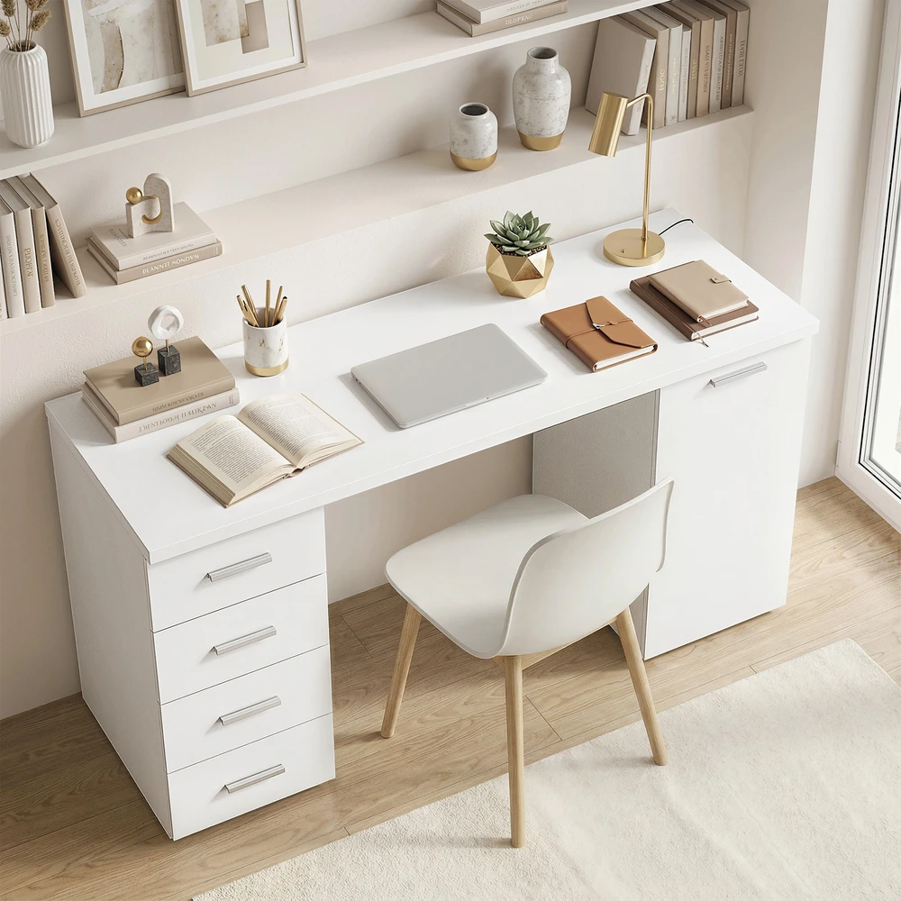 Aosom Kompiuterinis stalas su 4 stalčiais ir spintele, 140 cm, baltos medienos imitacija