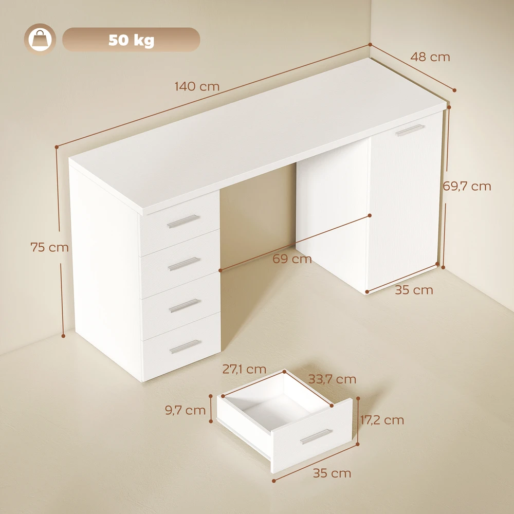 Aosom Kompiuterinis stalas su 4 stalčiais ir spintele, 140 cm, baltos medienos imitacija