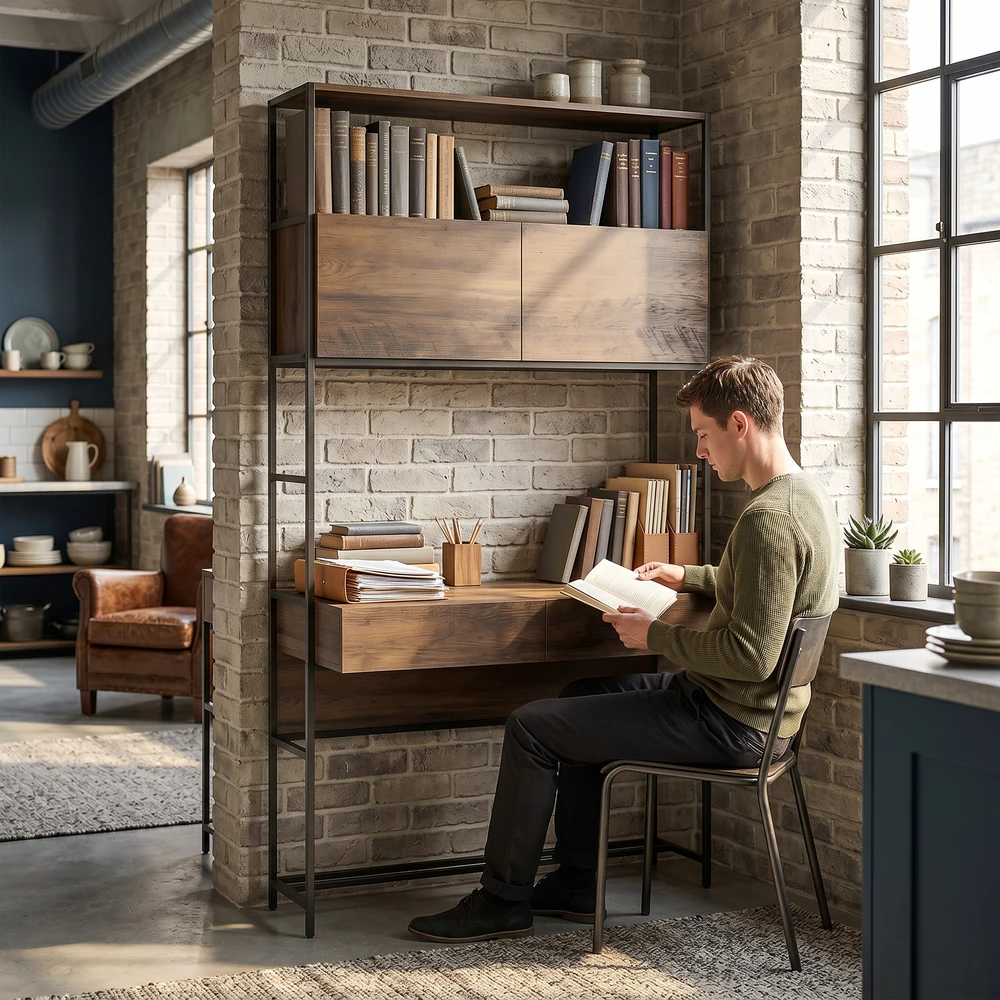 Aosom Kompiuterinis stalas su lentynomis ir 2 stalčiais, 185 cm aukščio, rudos medienos išvaizda