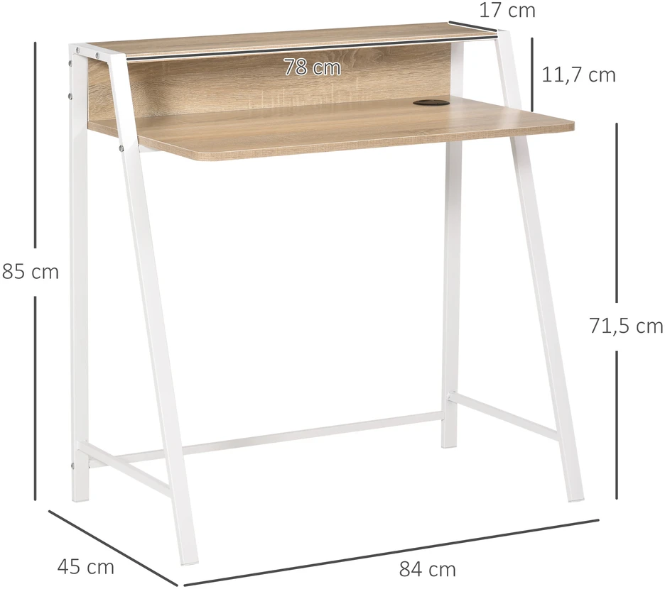 Aosom Kompiuterio stalas, baltas/ąžuolo, MDF ir metalas, 84 x 45 x 85 cm