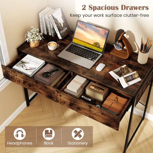 Promotion Kompiuterio stalas su 2 stalčiais, metalinis rėmas, Rustic Brown
