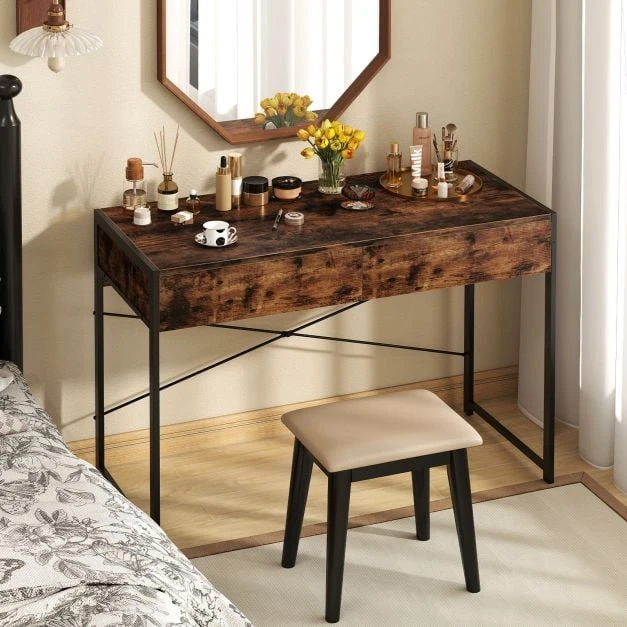 Promotion Kompiuterio stalas su 2 stalčiais, metalinis rėmas, Rustic Brown