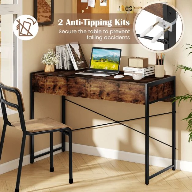 Promotion Kompiuterio stalas su 2 stalčiais, metalinis rėmas, Rustic Brown