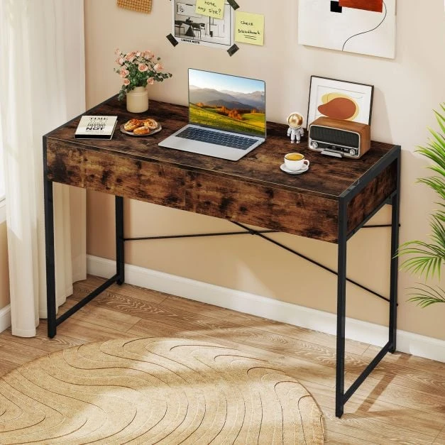 Promotion Kompiuterio stalas su 2 stalčiais, metalinis rėmas, Rustic Brown