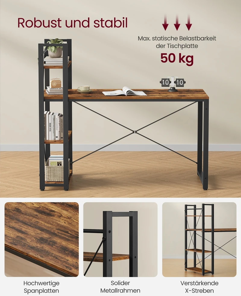 Koduva Kompiuterio stalas su lentynomis dešinėje arba kairėje, 56 x 137,2 x 120 cm, rudas-juodas