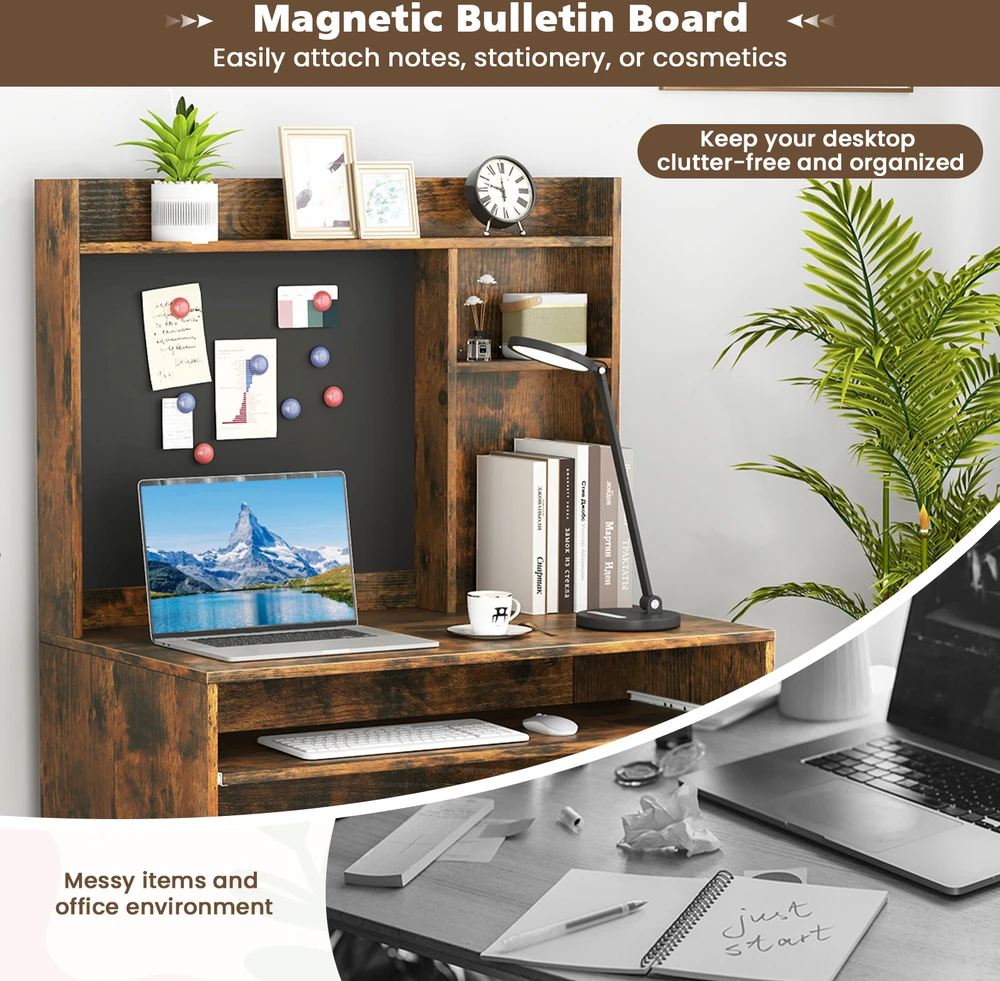 Promotion Kompiuterio stalas su magnetine lenta ir klaviatūros stalčiumi, Rustic Brown