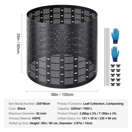 Koduva Komposto dėžė VEVOR, HDPE, juoda, 1000 l, 335 x 90 cm