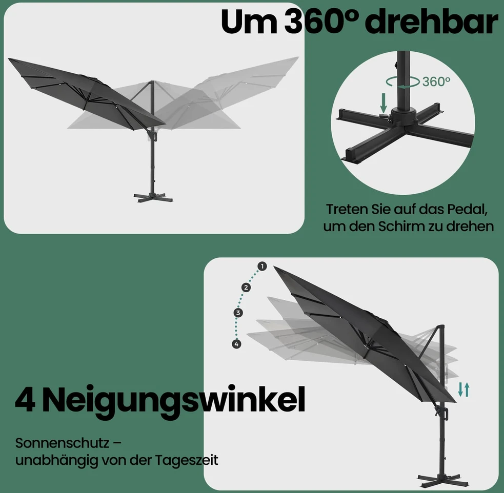 Songmics Konsolinis skėtis nuo saulės 290 x 290 cm, 360° pasukamas, su stovu, dūmų pilkas
