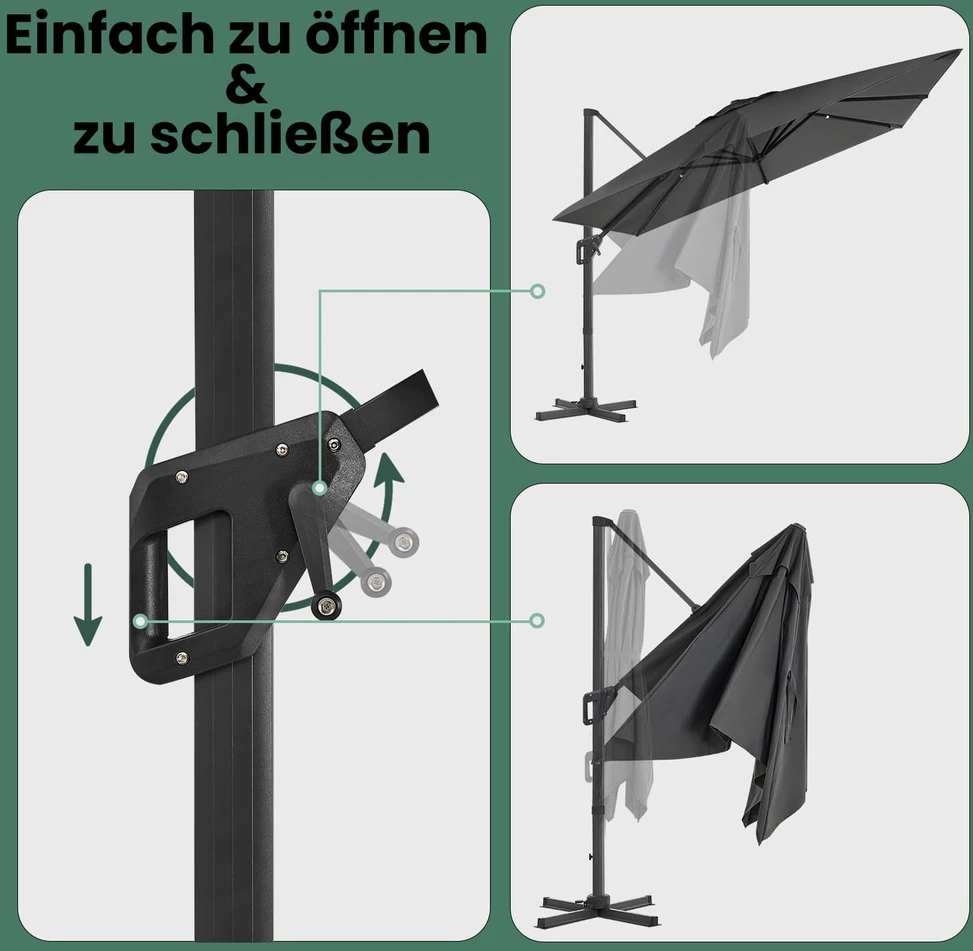 Songmics Konsolinis skėtis nuo saulės 290 x 290 cm, 360° pasukamas, su stovu, dūmų pilkas