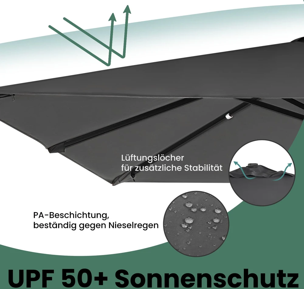 Songmics Konsolinis skėtis nuo saulės 290 x 290 cm, 360° pasukamas, su stovu, dūmų pilkas